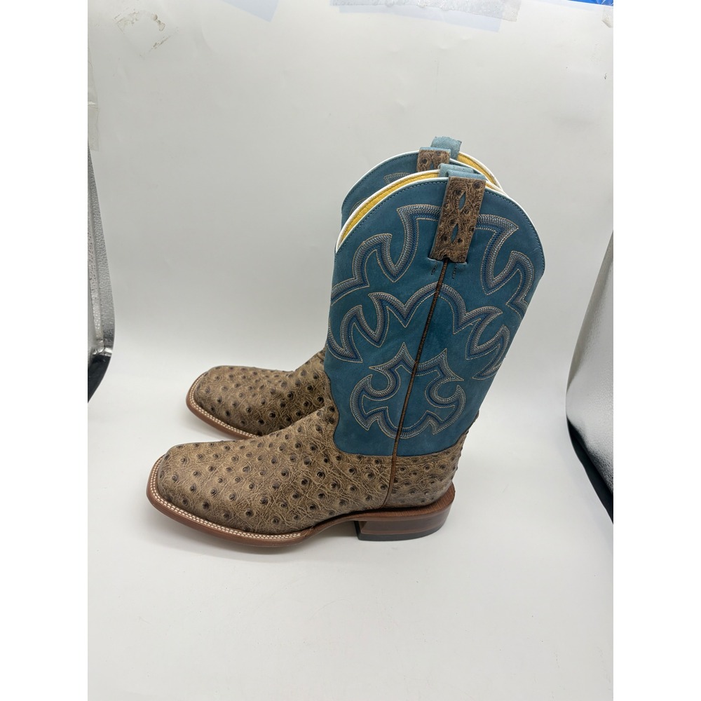 Cavenders Mens 9D Endurance Ostrich Print Blue Embroidered Square Toe Boots